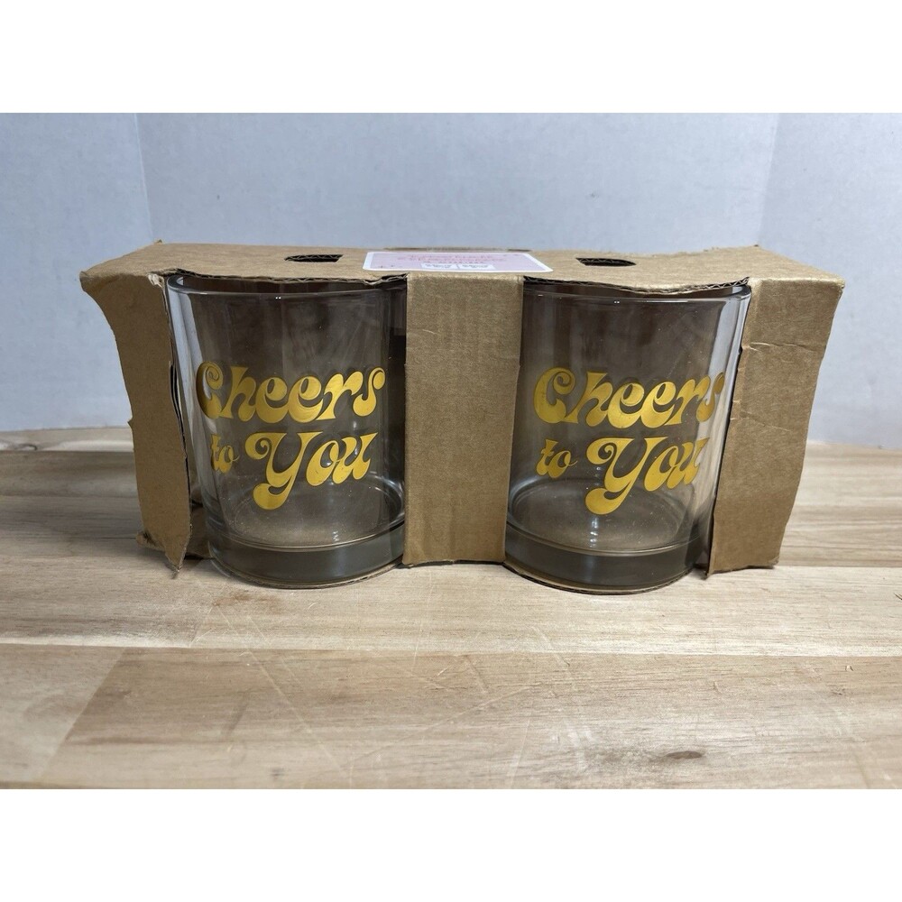 Set of Two Lowball Glasses Whiskey Coctail Clear Gold “Cheers To You” New In Box